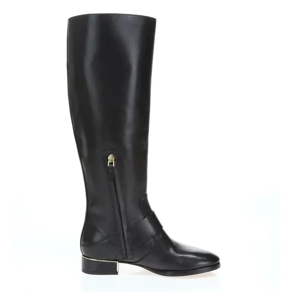 Tory Burch Sophia Black Leather Tall Riding Side Zip Boots 7M Gold Accents Logo